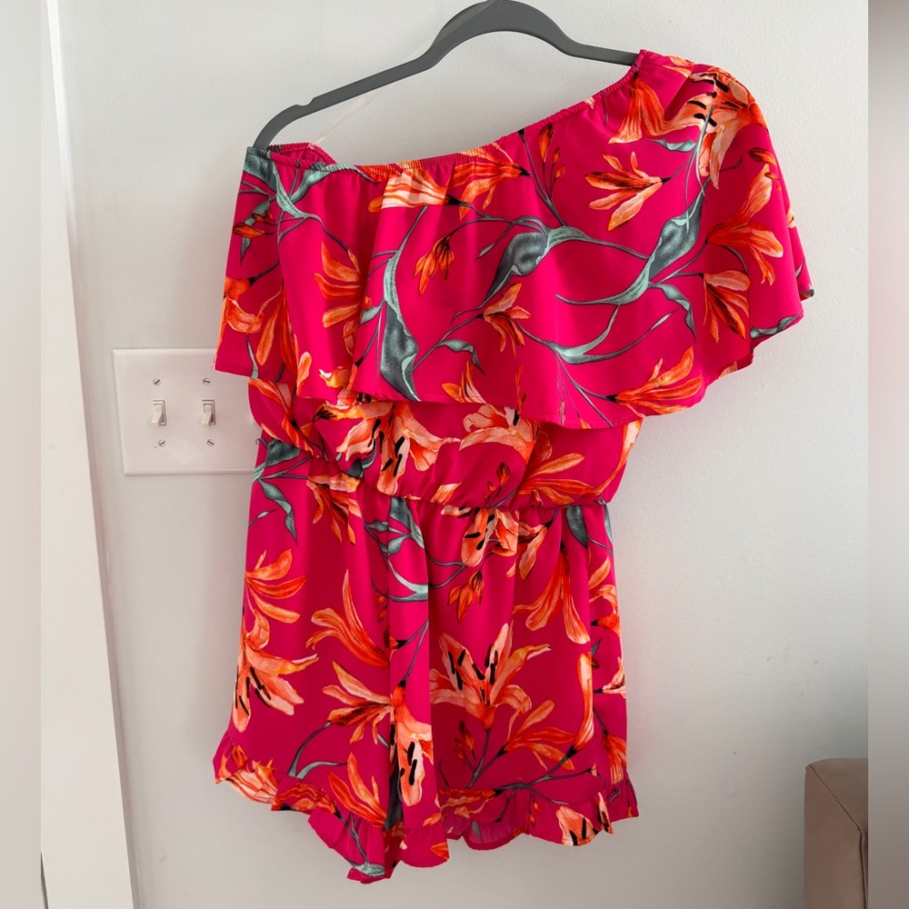Peach Love Romper Pink Floral Print Off the Shoulder